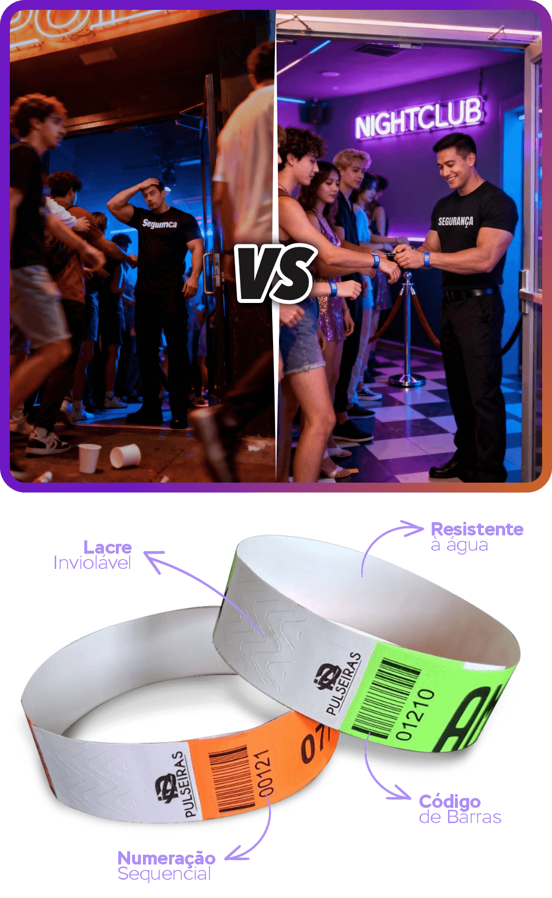 comparação entre evento com controle de acesso e evento sem organização com pulseiras